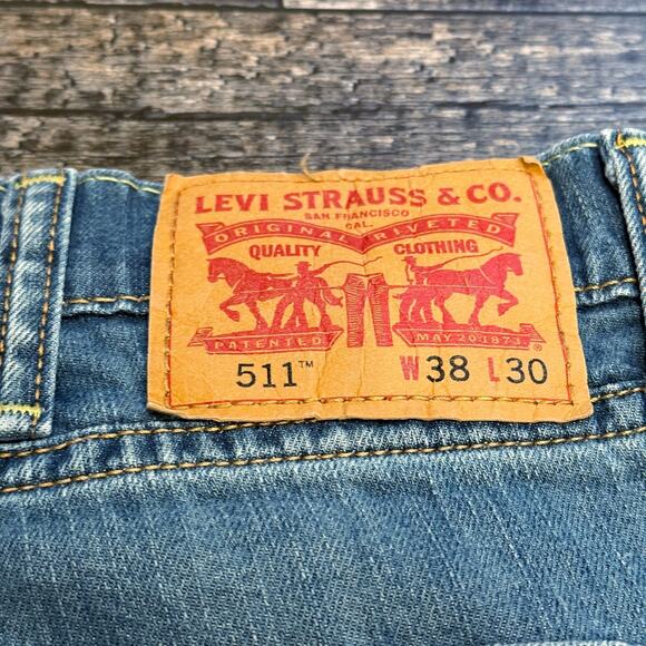 Levis 511 Jeans Mens 38x30 Blue Denim Slim Fit Stretch Straight Leg Zip Fly Work - Picture 11 of 16